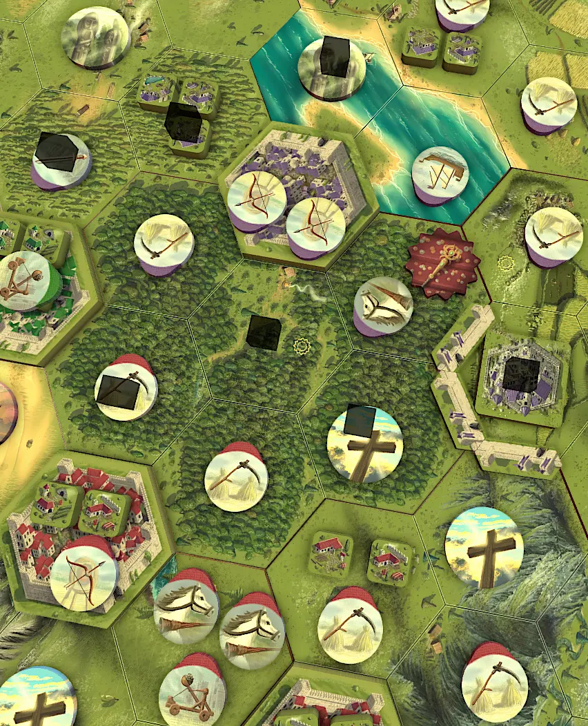 Game board showing black cubes representing various adversities affecting player territories