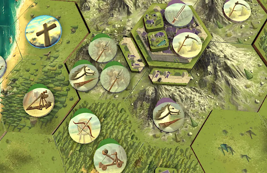 Game map showing various military units positioned across hexagonal territories