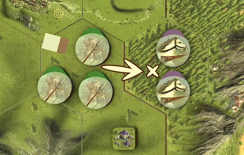 Battle scene showing military units engaged in combat on hexagonal battlefield