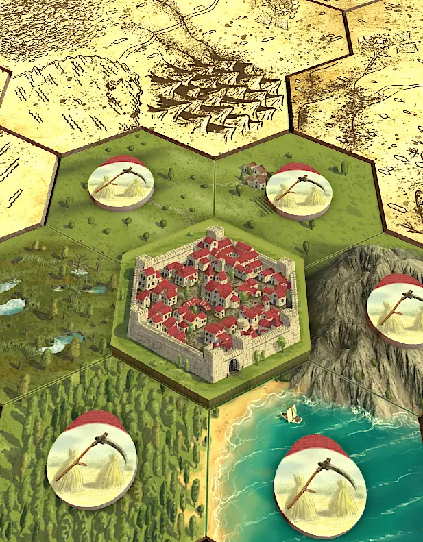 Medieval map showing starting settlement with red buildings surrounded by unexplored hexagonal territories and natural resources