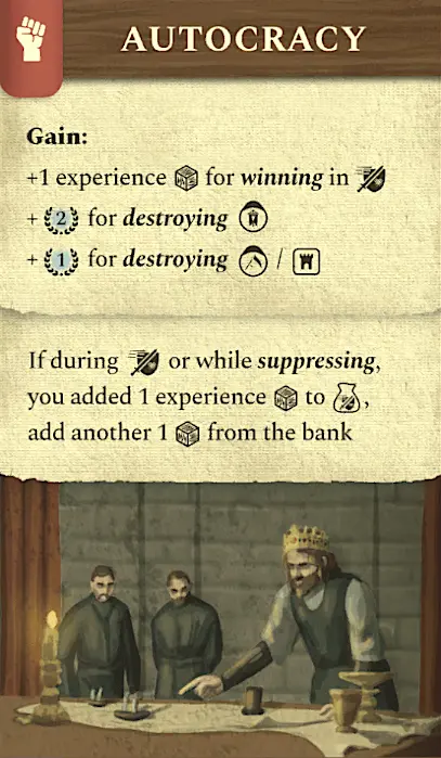 Autocracy government card showing iron fist symbol and autocratic rule benefits