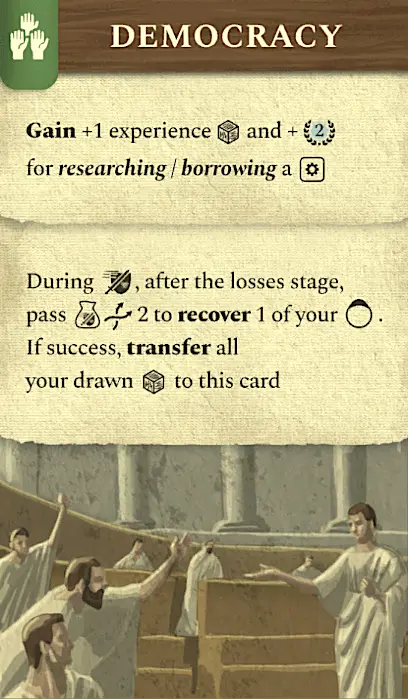 Democracy government card showing clasped hands symbol and democratic rule benefits