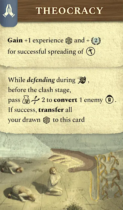 Theocracy government card showing religious symbol and theocratic rule benefits