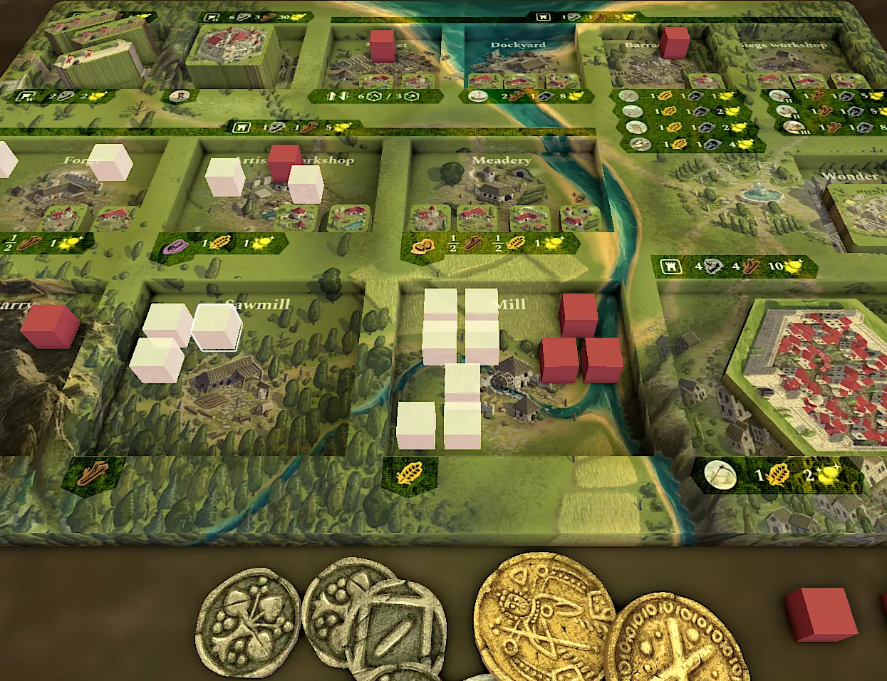 Player board showing action cube placement areas including workshop, meadery, sawmill, and mill buildings with resource production