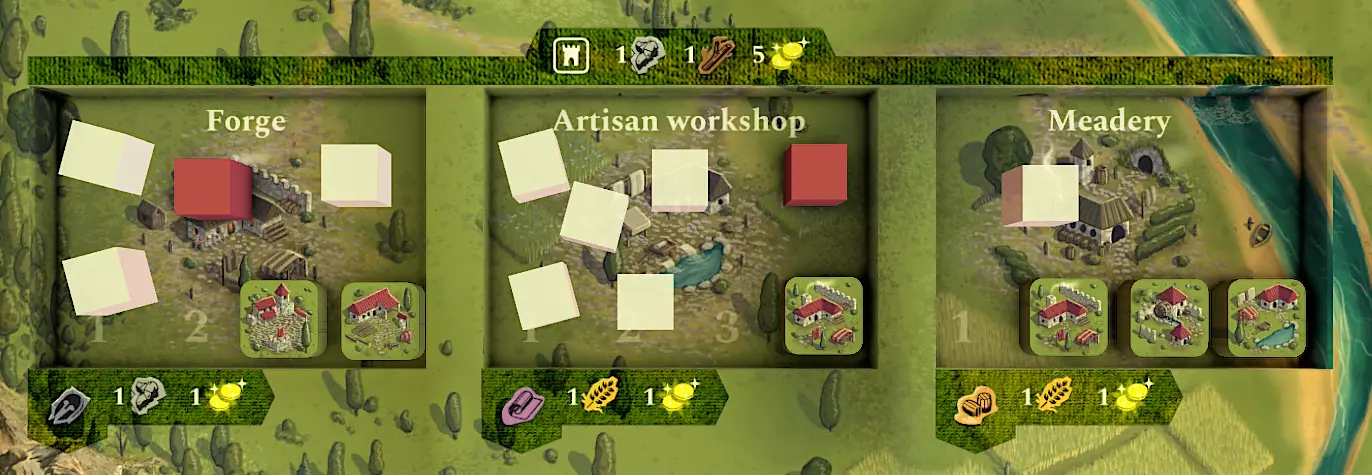 Medieval manufacturing buildings showing production chains from raw materials to finished goods