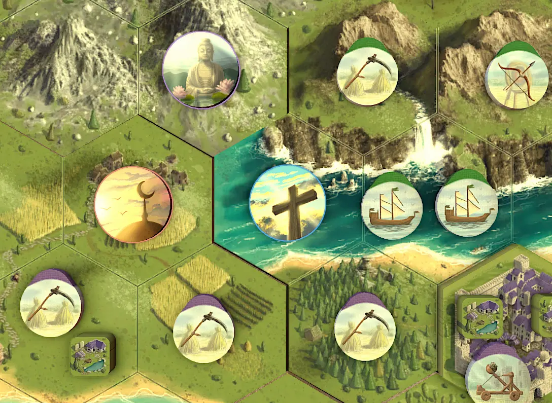 Game map showing religious influence markers spread across different territories