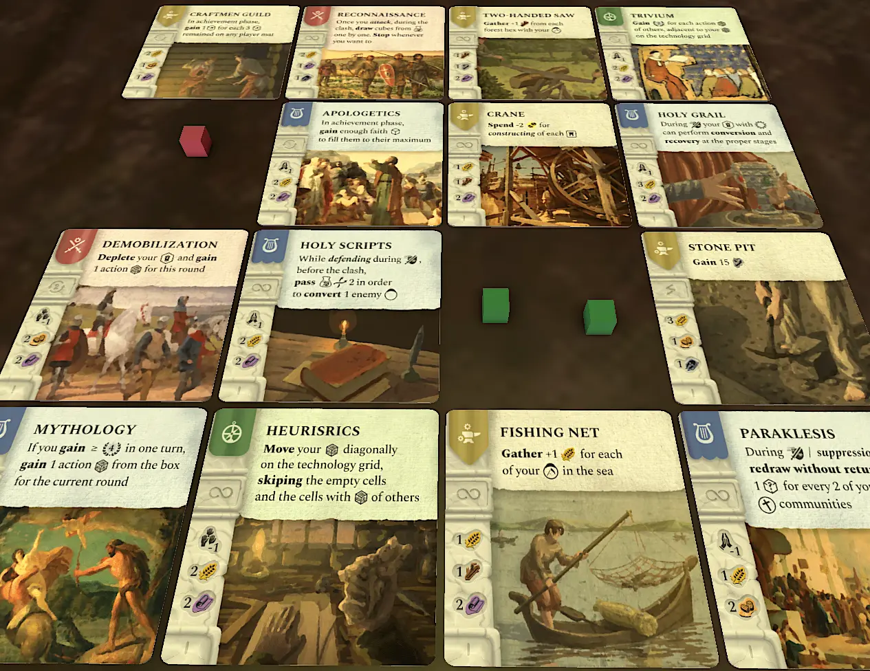 Technology grid showing 4x4 arrangement of advancement cards for current age