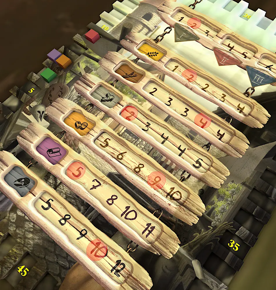 Market board showing resource pricing tracks with wooden tokens indicating supply and demand